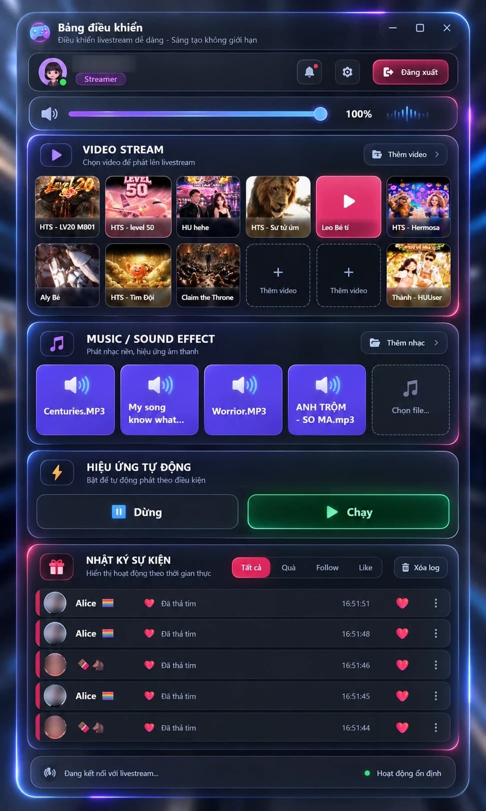 Cửa sổ Bảng điều khiển của HTSLive: khối Video Stream với các ô video, khối Music / Sound Effect với các ô âm thanh, và nhật ký sự kiện chạy bên dưới.